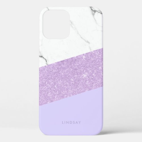 Modern elegant white marble  purple glitter  iPhone 12 case