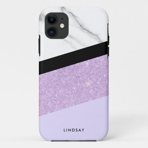Modern elegant white marble  purple glitter  iPhone 11 case