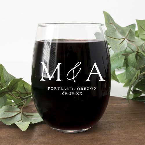 Modern Elegant White Monogram Wedding Favor Stemless Wine Glass