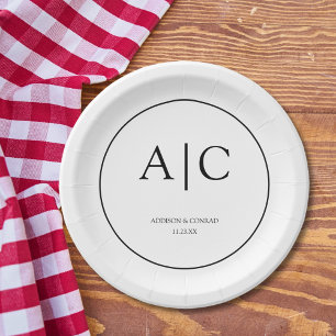Modern Elegant White Monogram Wedding Round Paper Plates