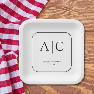 Modern Elegant White Monogram Wedding Square Paper Plates