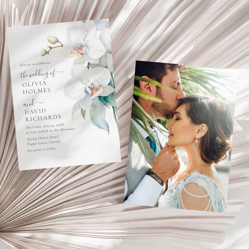 Modern Elegant White Orchid Photo Wedding Invite