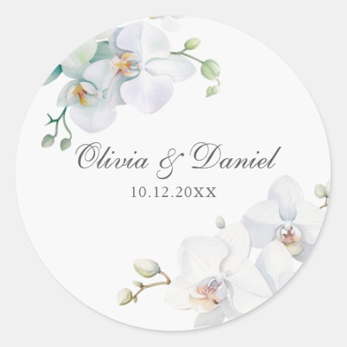 Modern Elegant White Orchid Wedding Classic Round Sticker