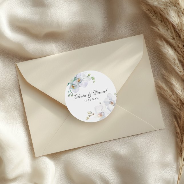 Modern Elegant White Orchid Wedding Classic Round Sticker (Modern Elegant White Orchid Wedding Classic Round Sticker on a wedding envelope.)