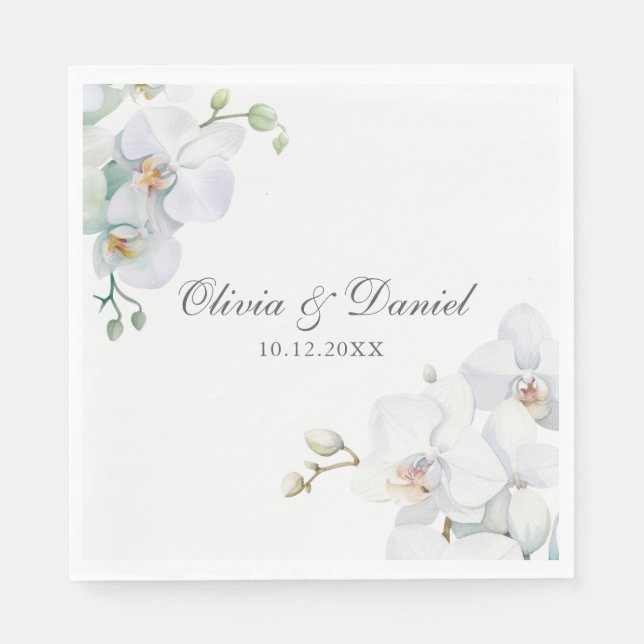 Modern Elegant White Orchid Wedding Napkins (Front)