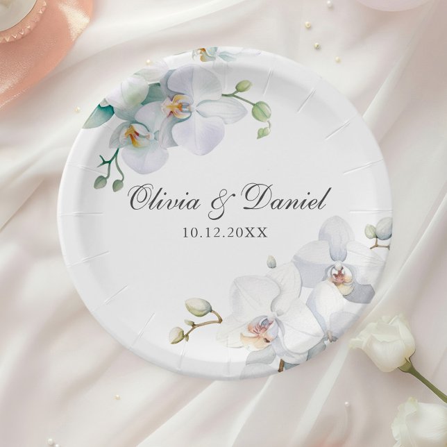 Modern Elegant White Orchid Wedding Paper Plates (Modern Elegant White Orchid Wedding Paper Plates on a wedding place with a white rose.
)