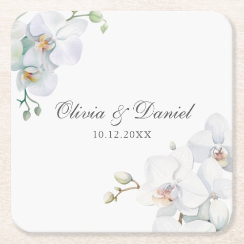 Modern Elegant White Orchid Wedding Square Paper Coaster
