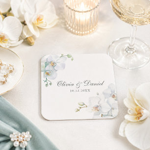 Modern Elegant White Orchid Wedding Square Paper Coaster
