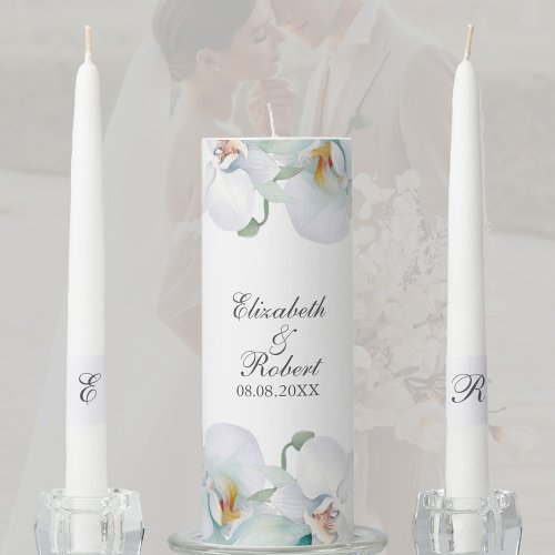 Modern Elegant White Orchids Wedding Unity Candle Set