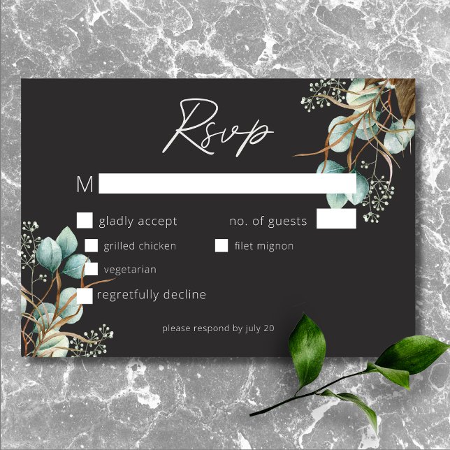 Modern Elegant White Peonies Black Wedding Dinner RSVP Card (Modern Elegant White Peonies Black Wedding Dinner RSVP Card)