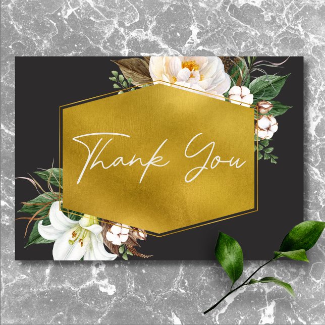 Modern Elegant White Peonies Black Wedding Thank You Card (Modern Elegant White Peonies Black Wedding Thank You Card)