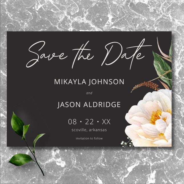 Modern Elegant White Peonies on Black Wedding Save The Date (Modern Elegant White Peonies on Black Wedding Save The Date)