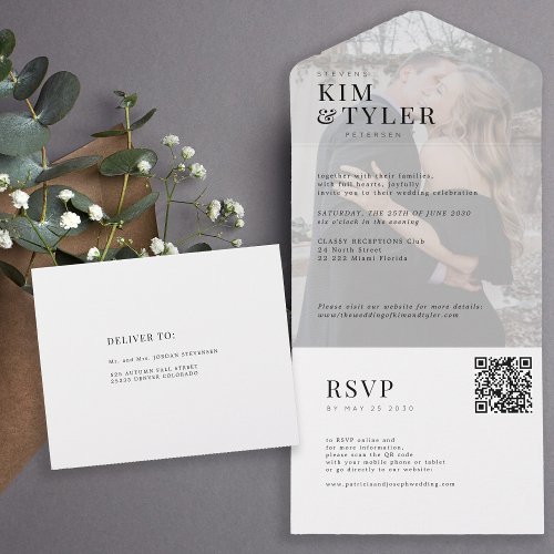 Modern elegant white photo QR RSVP wedding All In One Invitation