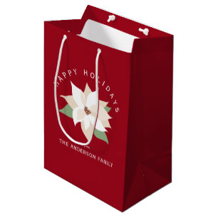 Modern Elegant White Poinsettia Red Happy Holidays Medium Gift Bag