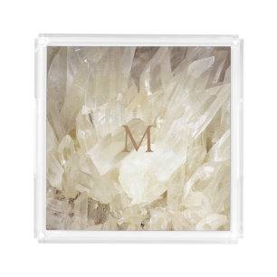 Modern elegant white quarts gemstone monogrammed acrylic tray