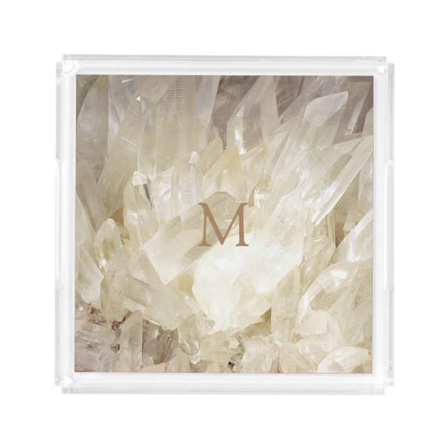 Modern elegant white quarts gemstone monogrammed acrylic tray (Front)