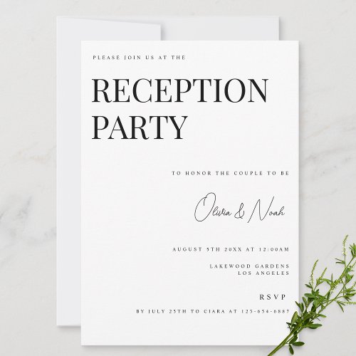 Modern  Elegant White Reception Invitation Card