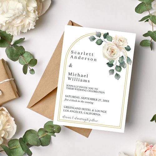 Modern Elegant White Rose  Golden Arch Wedding Invitation