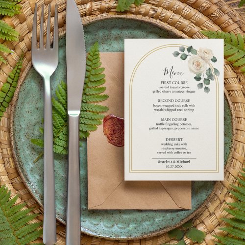 Modern Elegant White Rose  Golden Arch Wedding Menu