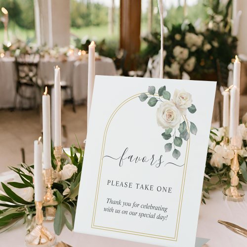 Modern Elegant White Rose  Golden Arch Wedding Pedestal Sign