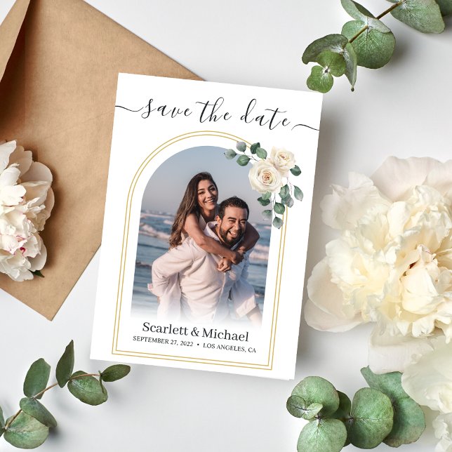 Modern Elegant White Rose & Golden Arch Wedding Save The Date (Creator Uploaded)