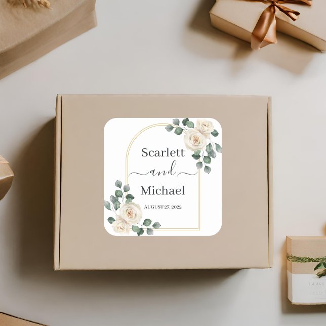 Modern Elegant White Rose & Golden Arch Wedding Square Sticker (Creator Uploaded)