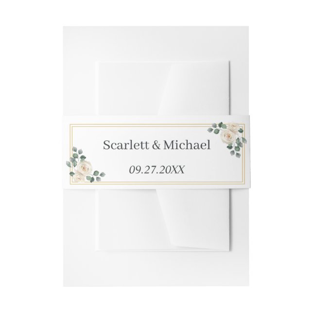 Modern Elegant White Rose Wedding Invitation Belly Band (Front Example)