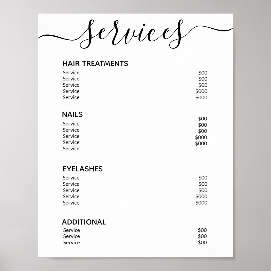Modern Elegant White Salon Price List Service Menu Poster Zazzle