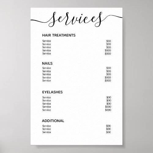 Modern Elegant White Salon Price List Service Menu Poster