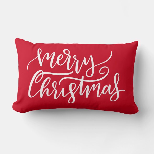 Modern Elegant White Script Merry Christmas Red  Lumbar Pillow (Front)