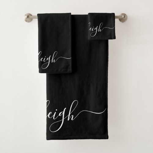 Modern Elegant White Script Name Black Bath Towel Set