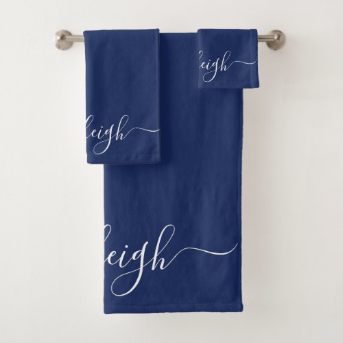 Modern Elegant White Script Name Navy Blue Bath Towel Set