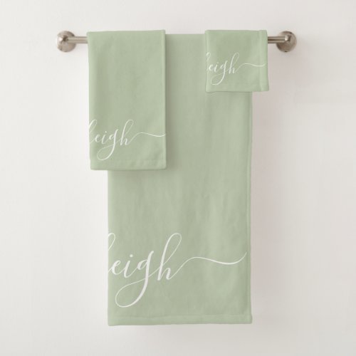 Modern Elegant White Script Name Sage Green Bath Towel Set