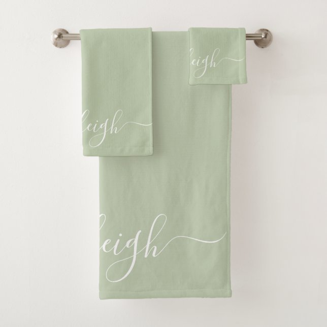 Modern Elegant White Script Name Sage Green Bath Towel Set (Insitu)