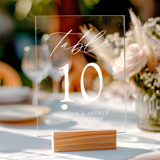 Modern Elegant White Script Wedding Table Number Acrylic Sign (Please note: The wooden stand does not come with the sign. Zazzle sells a wood block stand.)