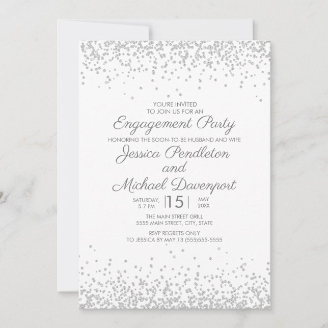 Modern Elegant White Silver Glitter Engagement Invitation (Front)