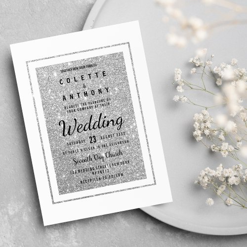 Modern elegant white silver glitter Wedding Invitation