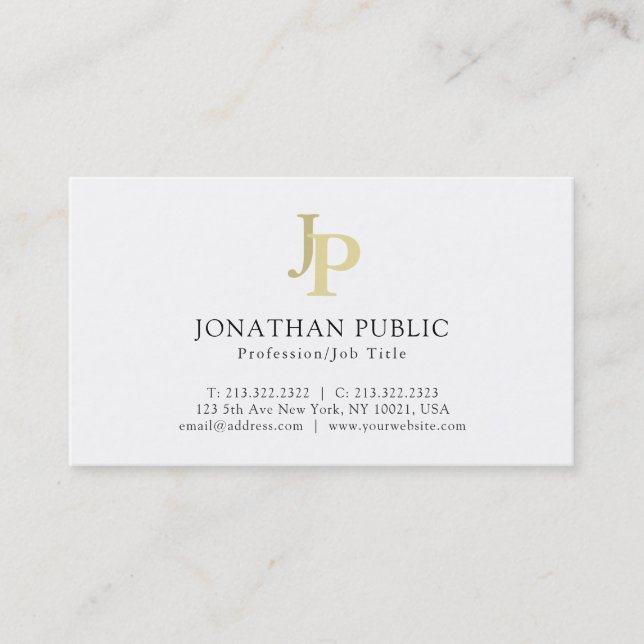 Modern Elegant White Simple Monogram Plain Business Card (Front)