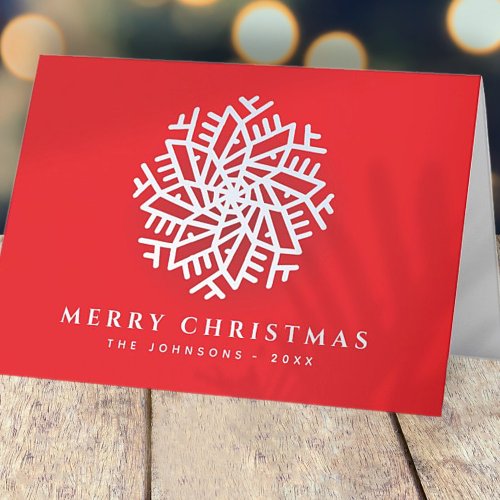 Modern Elegant White Snow Flake on Red Holiday Card