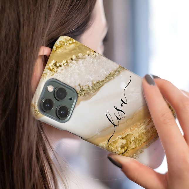 Modern Elegant WhiteGold Marble Personalized Name  Case-Mate iPhone Case (Creator Uploaded)
