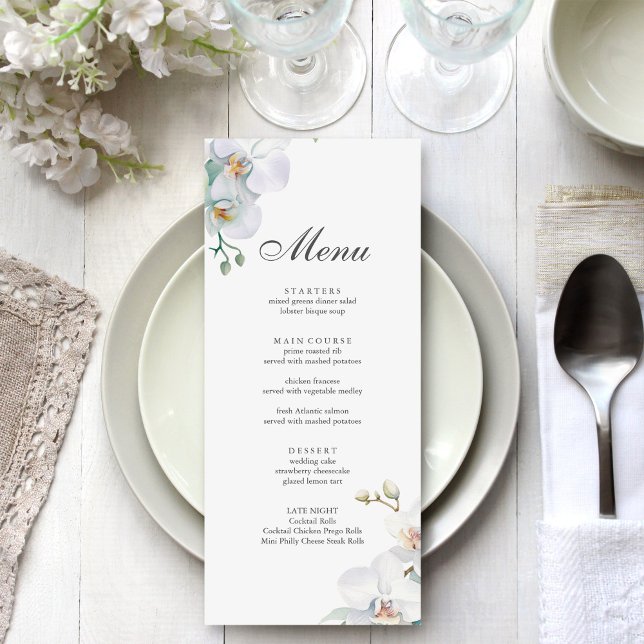 Modern Elegant Wild Orchid Wedding  Menu (Modern Elegant Wild Orchid Wedding Menu on a beautiful white and silver wedding dinner table.)