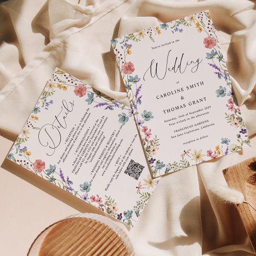 Modern Elegant Wildflower Script QR Code Wedding Invitation