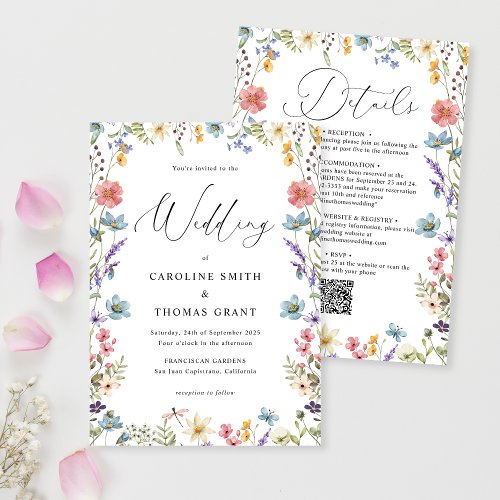 Modern Elegant Wildflower Script QR Code Wedding Invitation