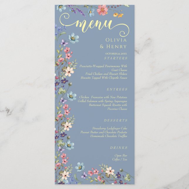 Modern Elegant Wildflowers Dusty Blue Wedding  Menu (Front)