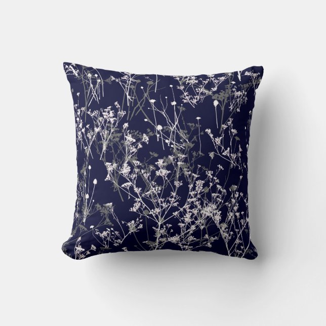 Modern Elegant Wildflowers on Navy Blue Throw Pillow (Front)