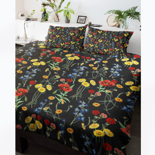 Modern Elegant Wildflowers Poppy Daisy Black Pillow Case