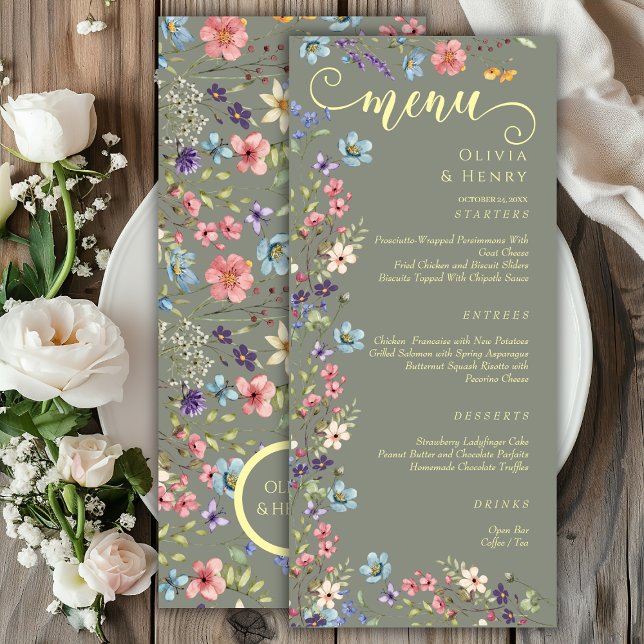 Modern Elegant Wildflowers Sage Green Wedding  Menu (Creator Uploaded)