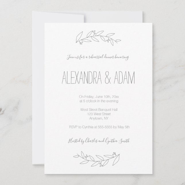 Modern elegant wreath rehearsal dinner invitations (Front)