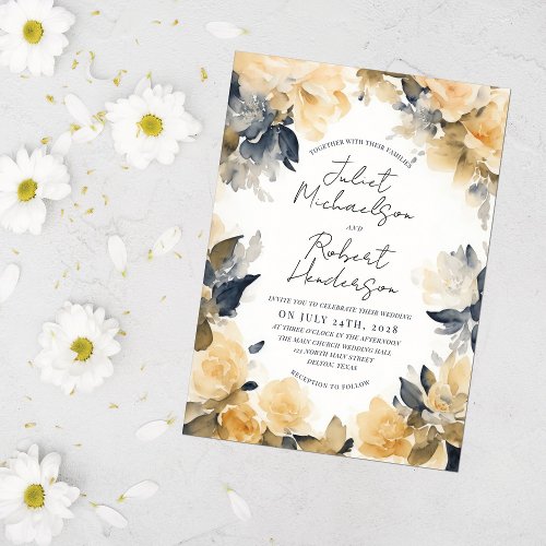 Modern Elegant Yellow Black Floral Wedding Invitation
