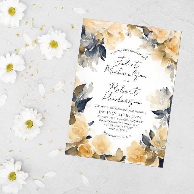 Modern Elegant Yellow Black Floral Wedding Invitation (Creator Uploaded)